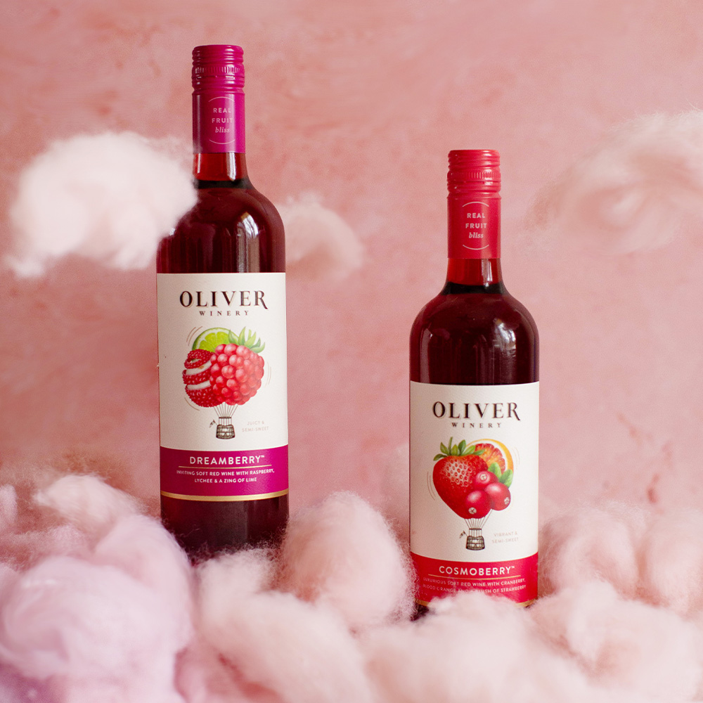 Cosmoberry, Oliver Winery's new Cosmopolitan-inspired wine, is served extra chilled with a playful orange twist garnish.