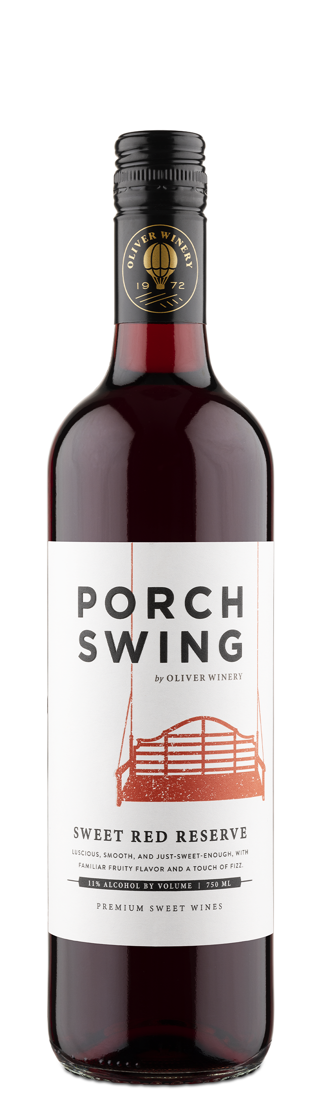 Oliver Key Porch Swing Sweet Rose Bottle Front | Vibrant pink color, simple label that reads Porch Swing Sweet Rosé and features a peach-colored porch swing
