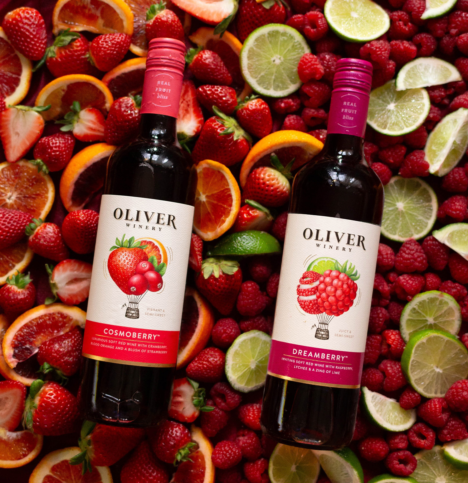 Introducing Oliver Winery's Dreamberry & Cosmoberry wines. Semi-sweet flavored red wines that are a sip of true fruit bliss.