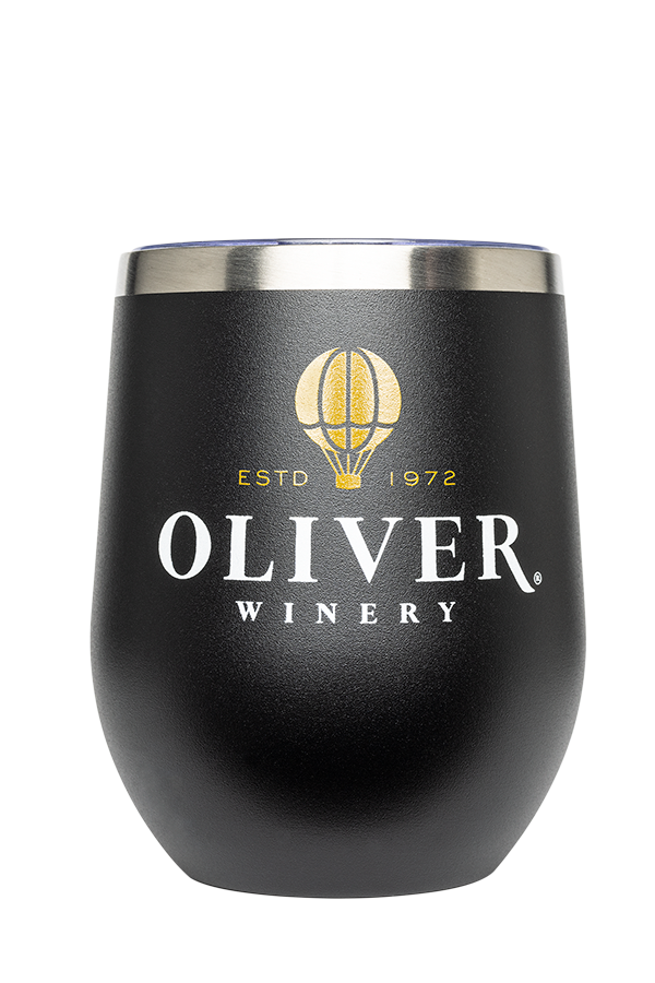 Oliver logo insulated wine tumbler with lid.