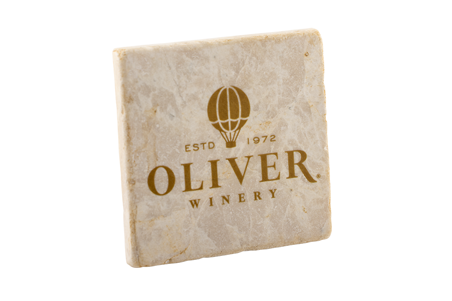 This elegant marble coaster features the Oliver Winery logo.