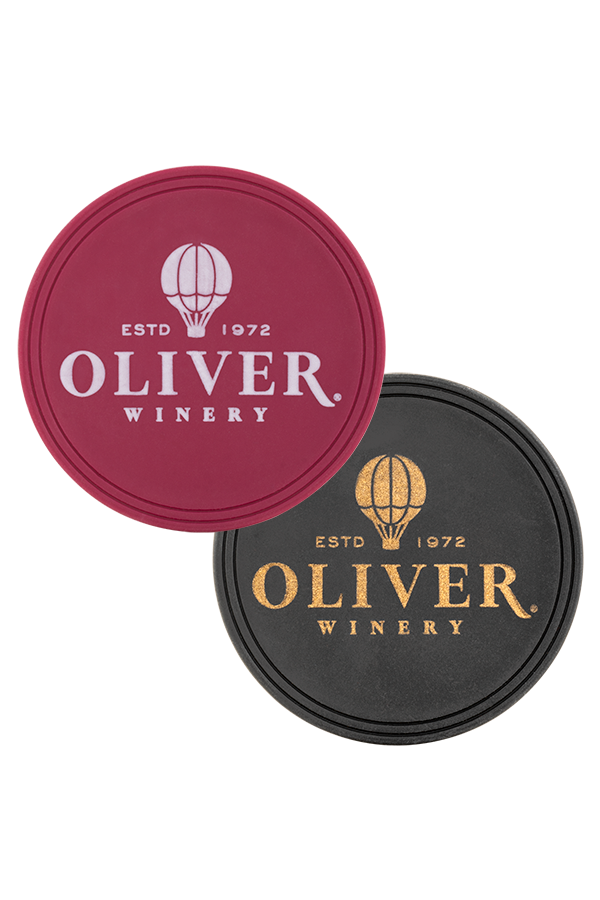 Oliver Winery silicone coasters are available in black with gold logo or a crimson with white logo.