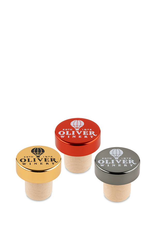 Bottle stoppers with Oliver logo in gold with black logo, red with white logo, or slate grey with white logo.