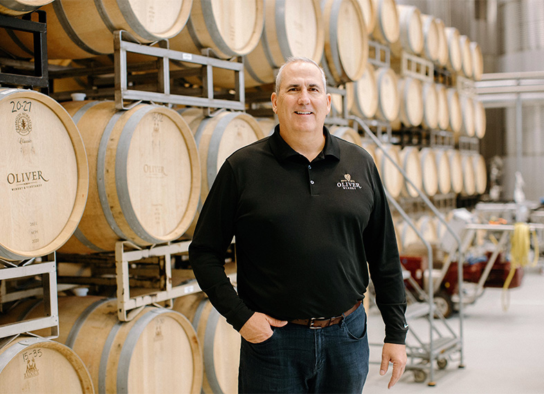 Oliver Winery's CEO, Pat Brown in our barrel room 